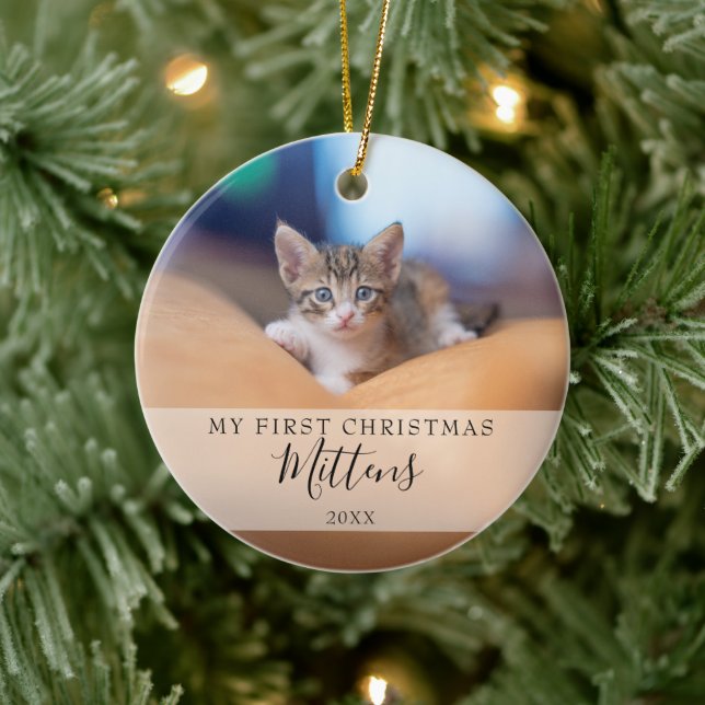 First Christmas Cat Dog Pet Foto Elegantes Skript  Keramik Ornament (Baum)
