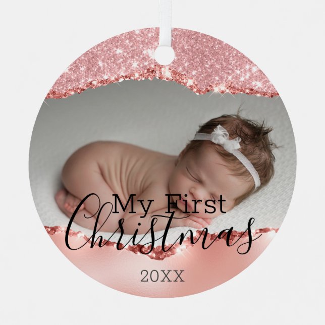 First Christmas Custom Baby Foto & Pink Glitzer Ornament Aus Metall (Vorderseite)