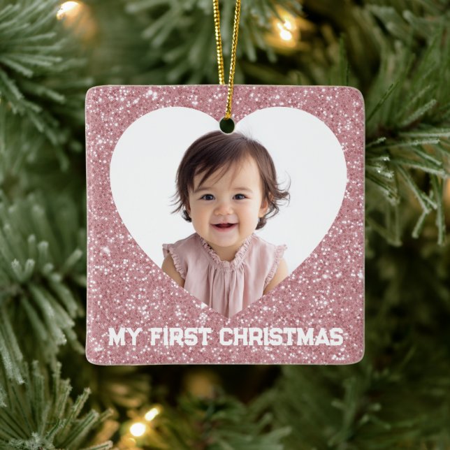 First Christmas Custom Baby Photo Glitter Ornament (Baum)