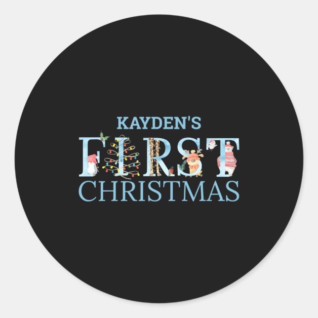 First Christmas Cute Animal Letters Boy Name Baby  Runder Aufkleber (Vorderseite)