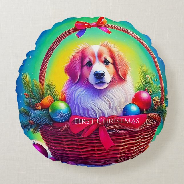 First Christmas Cutest Dog in Holiday Basket Rundes Kissen (Vorderseite)