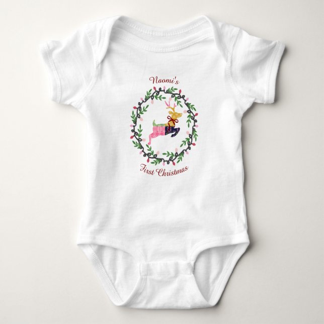 First Christmas Deer with Wreath Customize Baby Strampler (Vorderseite)