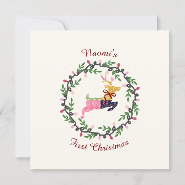 First Christmas Deer with Wreath Customize Card (Vorderseite)