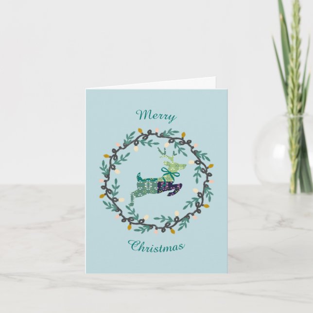 First Christmas Deer with Wreath Teal Folded Card (Vorderseite)