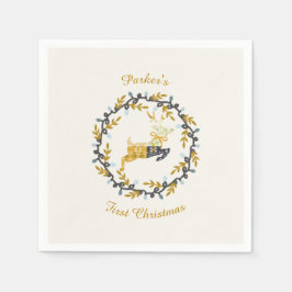 First Christmas Deer with Wreath Yellow Cream Serviette