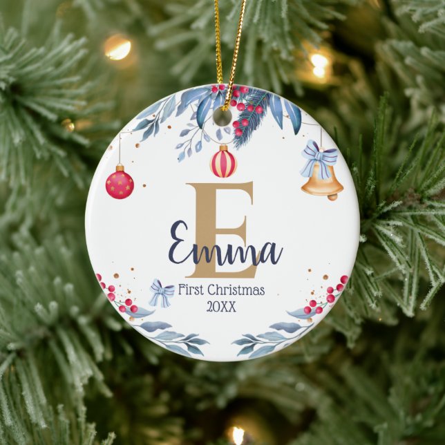 First Christmas elegante Custom Monogram Baby Keramik Ornament (Baum)