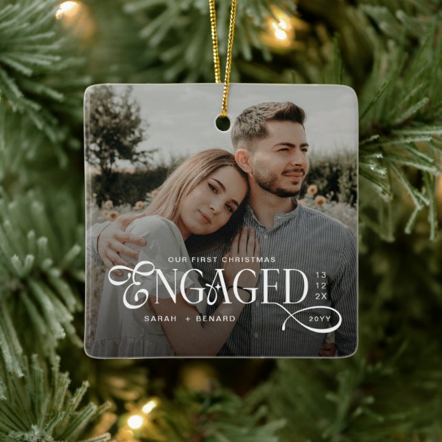 First Christmas Engaged  Chic Couples 2 Photos  Keramikornament (Baum)