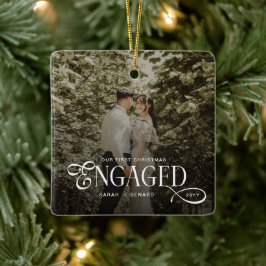 First Christmas Engaged Chic Couples Photo Keramikornament