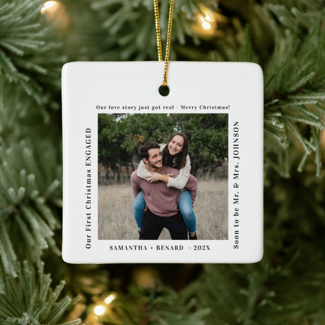 First Christmas Engaged Couples Photo Keramikornament (Baum)
