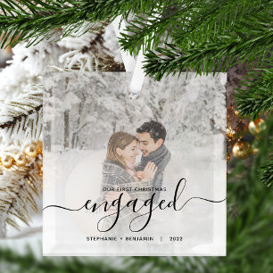 First Christmas Engaged Custom Photo Black Script Ornament Aus Glas