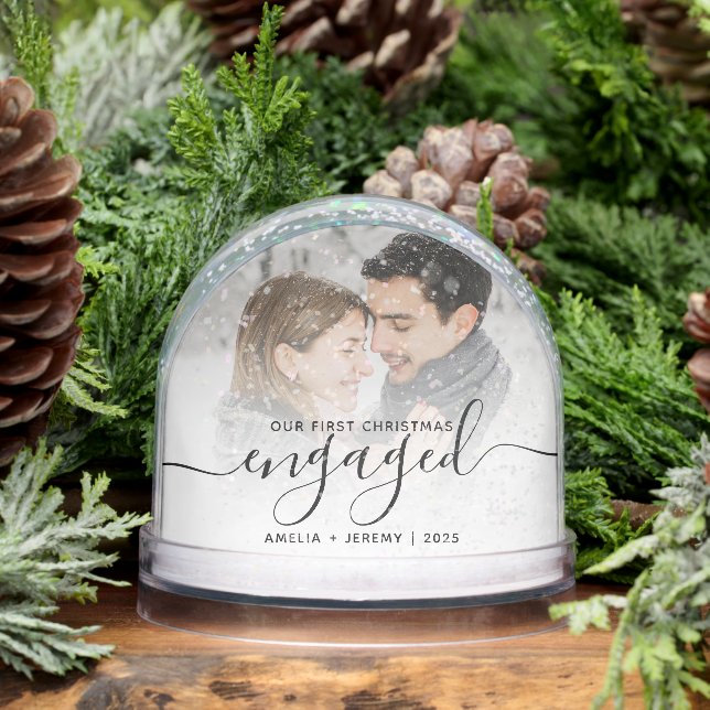 First Christmas Engaged Photo Black Script Schneekugeln (Winter)