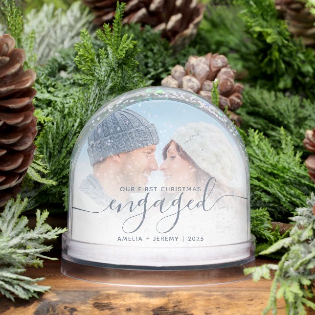 First Christmas Engaged Photo Dusty Blue Script Schneekugeln (Winter)