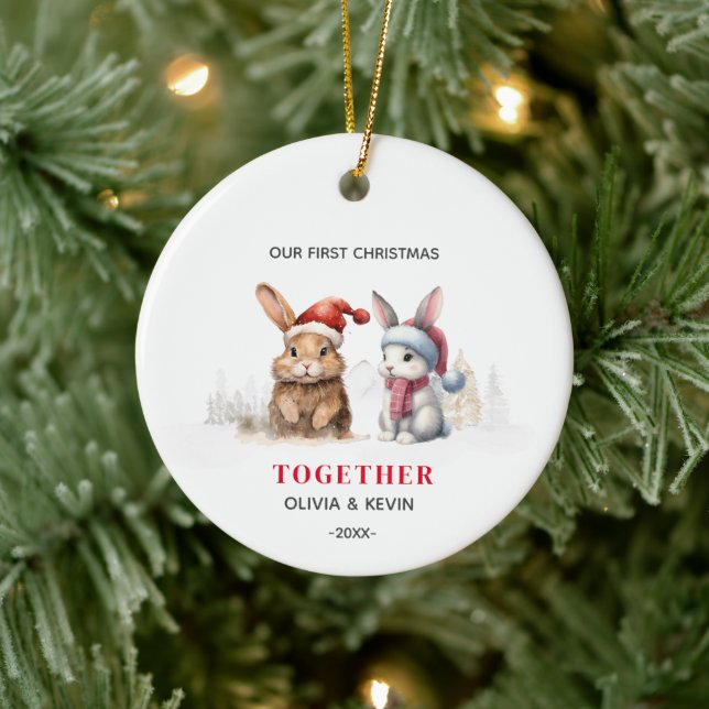First Christmas engaged together bunnies Keramik Ornament (Baum)