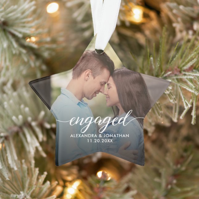 First Christmas Engaged White overlay Custom Photo Ornament (Baum)