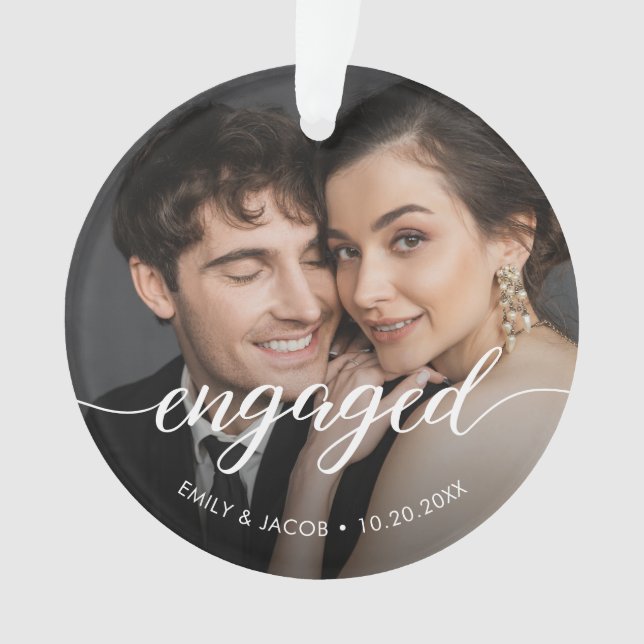 First Christmas Engaged White overlay Custom Photo Ornament (Vorderseite)