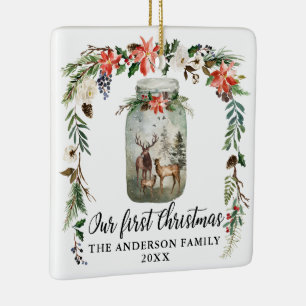 First Christmas Floral Deer Family PHOTO BACK Keramikornament