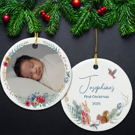 First Christmas Floral Woodland Animal Baby Foto Keramik Ornament