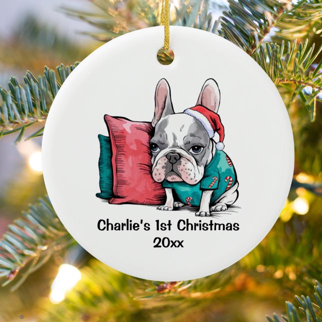 First Christmas Frenchie Hund mit Weihnachtsmannmü Keramik Ornament (Von Creator hochgeladen)