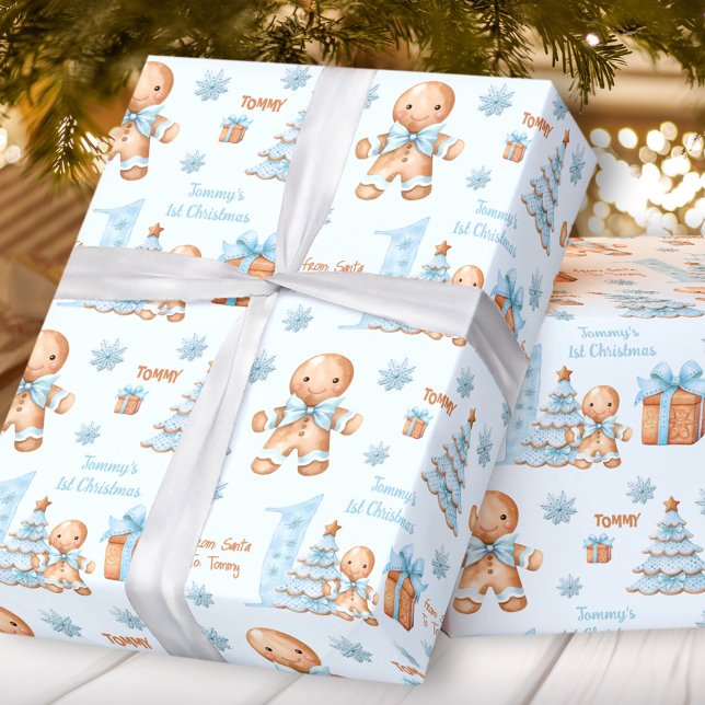 First Christmas Gingerbread Man Boy Blue Name Text Geschenkpapier (First Christmas Gingerbread Man Boy Blue Name Text Wrapping Paper)
