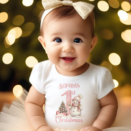 First Christmas Girl Pink Vintag Snowman Baby T-shirt