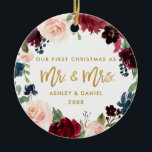 First Christmas Gold Floral | Foto zurück Keramik Ornament<br><div class="desc">Elegantes Gold Script Watercolor Burgundy und Blauer Flora - Unsere ersten Weihnachten als Mr. und Mrs. Wedding Ornament - Foto Back</div>