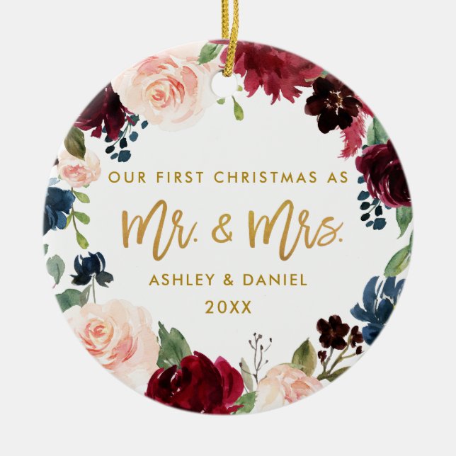 First Christmas Gold Floral | Foto zurück Keramik Ornament (Vorne)