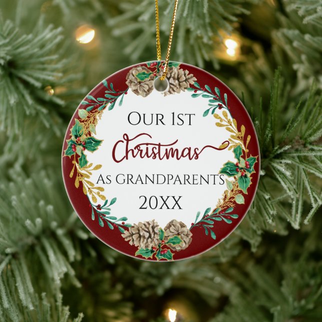 First Christmas Grandeltern Holly Pine Cone Foto Keramik Ornament (Baum)