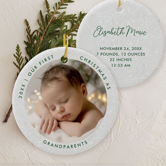 First Christmas Grandparents Minimal Green Photo Keramik Ornament (first christmas grandparents photo ornament gift modern simple minimal typography white green)