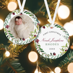 First Christmas Green Holiday Wreath Baby Foto Ornament