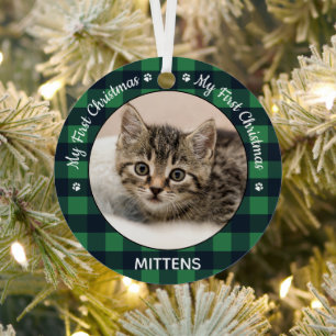 First Christmas Green Kariert Kitten Cat Pet Foto Ornament Aus Metall