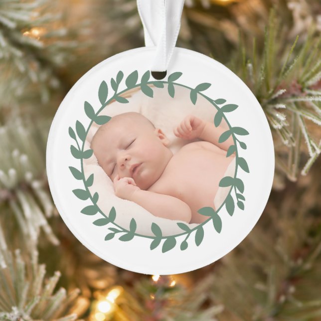 First Christmas Green Leafy Border Baby Foto Ornament (Baum)