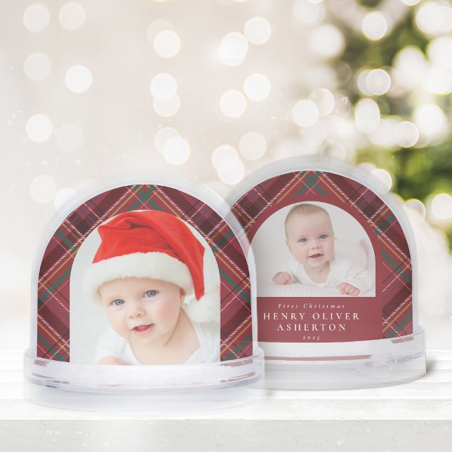 First Christmas holiday plaid two photo snow globe Schneekugeln (Von Creator hochgeladen)