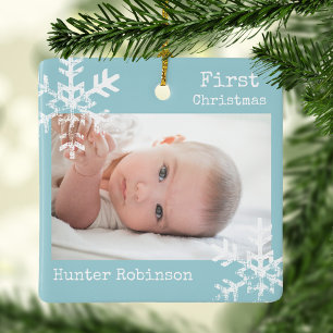 First Christmas Ice Blue Custom Foto Snowflakes Keramikornament