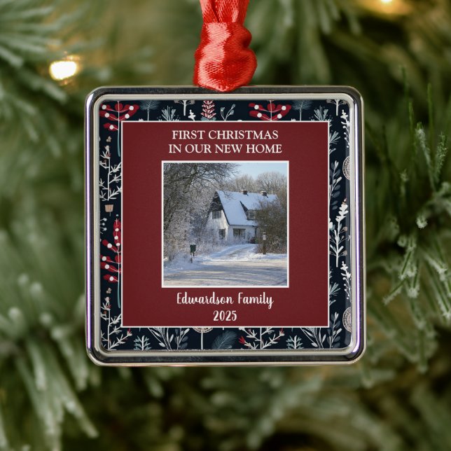 First Christmas in our new Home photo family name Ornament Aus Metall (Baum)