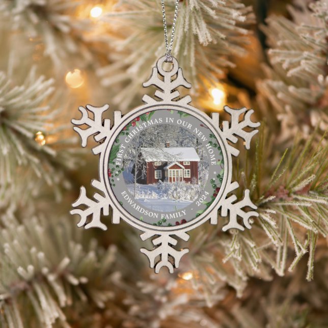 First Christmas in our new Home photo Schneeflocken Zinn-Ornament (Baum)