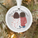 First Christmas lesbian brunette caucasian FOTO Ornament<br><div class="desc">Celebrate your first Christmas together with this adorable illustration of two caucasian brunette with shoulder length wavy hair sitting with their backs to you wearing ugly Xmas sweaters and drinking hot chocolate. The words, our first Christmas followed by the year, appear on the front and the back has a foto...</div>