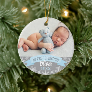 First Christmas Light Blue Baby Boy Foto Keramik Ornament