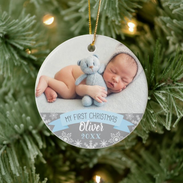First Christmas Light Blue Baby Boy Foto Keramik Ornament (Baum)