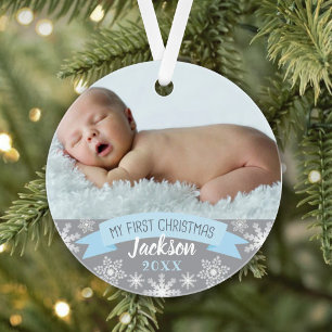First Christmas Light Blue Baby Boy Foto Ornament