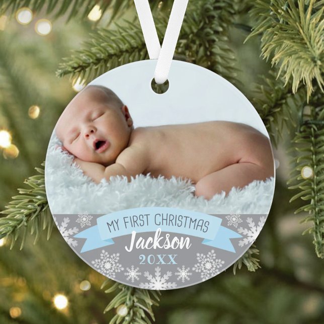First Christmas Light Blue Baby Boy Foto Ornament (Von Creator hochgeladen)