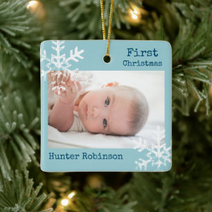 First Christmas Light Blue Navy Foto Schneeflocken Keramikornament