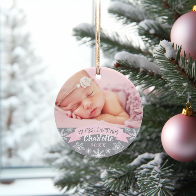 First Christmas Light Pink Baby Girl Foto Ornament (Von Creator hochgeladen)