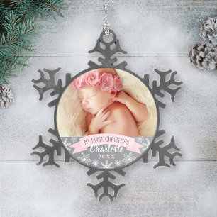 First Christmas Light Pink Baby Girl Foto Schneeflocken Zinn-Ornament