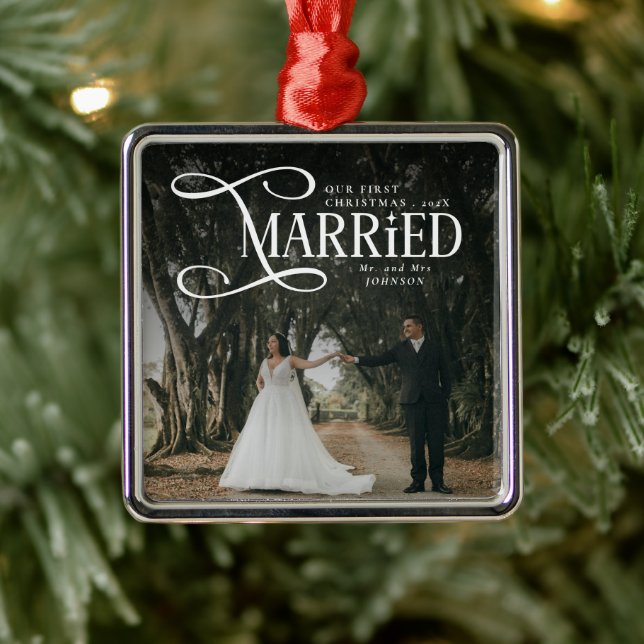 First Christmas Married Mr & Mrs Couples Photo  Ornament Aus Metall (Baum)