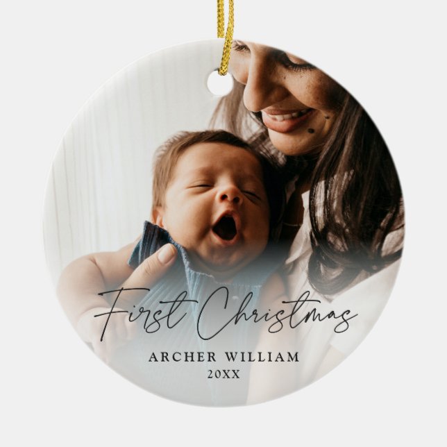 First Christmas Modern Handgeschriebenes Baby Foto Keramik Ornament (Vorne)