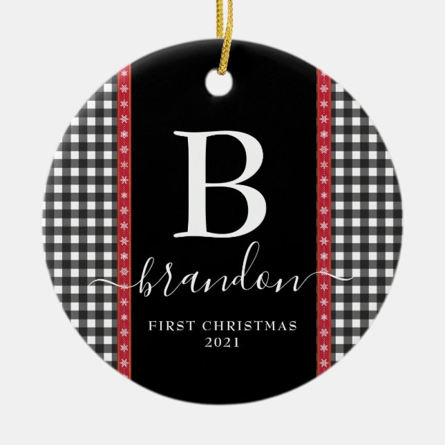 First Christmas Monogram Baby Name Buffalo Kariert Keramik Ornament (Vorne)