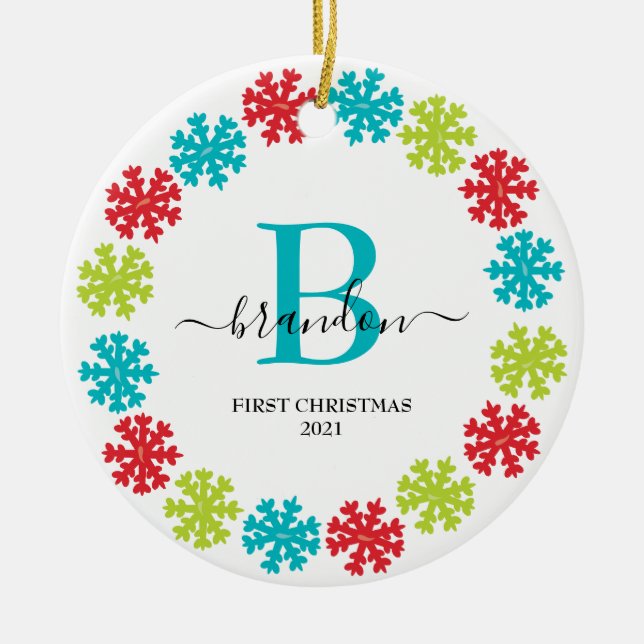 First Christmas Monogram Baby Name Xmas Wreath Keramik Ornament (Vorne)