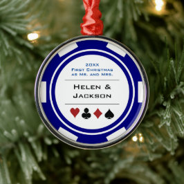 First Christmas Mr. & Mrs Blue White Poker Chip Ornament Aus Metall