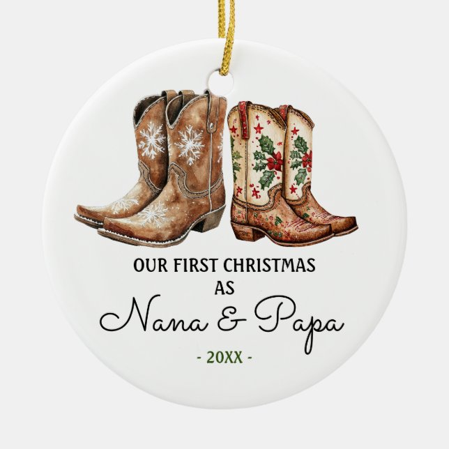 First Christmas Nana und Papa Cowboy Cowgirl Boots Keramik Ornament (Vorne)