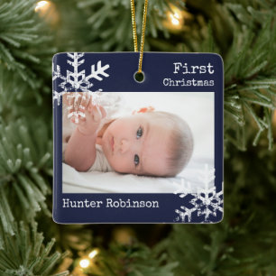 First Christmas Navy Blue Foto Snowflakes Keramikornament